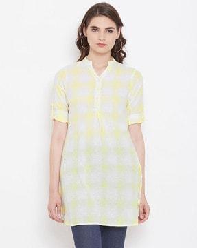 checked tunic with notched band collar