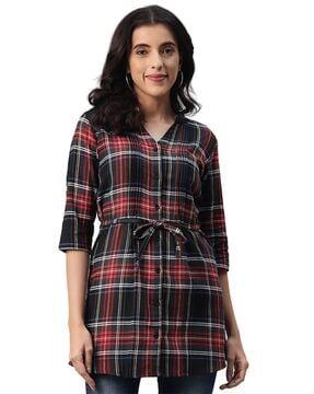 checked tunic with waist tie-up