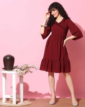 checked v-neck fit & flare dress