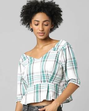 checked v-neck peplum top