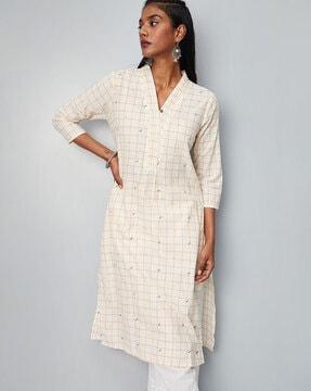 checked v-neck straight kurta