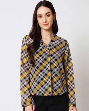 checked v-neck top with full sleeves