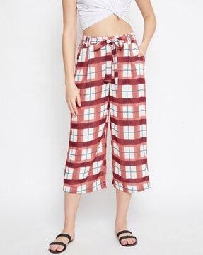 checked wide leg culottes with tie-up