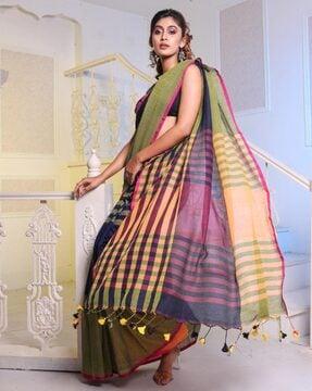 checked woven saree with tassels