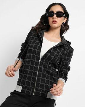 checked zip-front hooded jacket