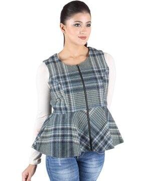 checked zip-front peplum jacket