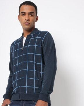 checked zip-front sweatshirt with pockets