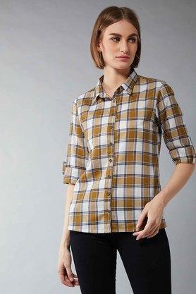 checkered polycotton checks collar neck women's relaxed shirt - multi