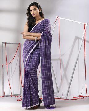 checkered cotton saree with tassels