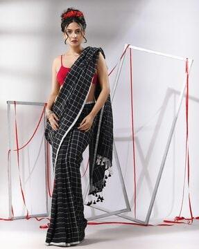 checkered cotton saree with tassels