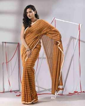 checkered cotton saree with tassels