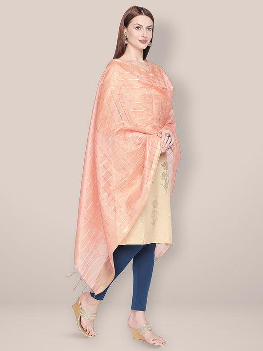 checkered peach & gold blended silk dupatta.