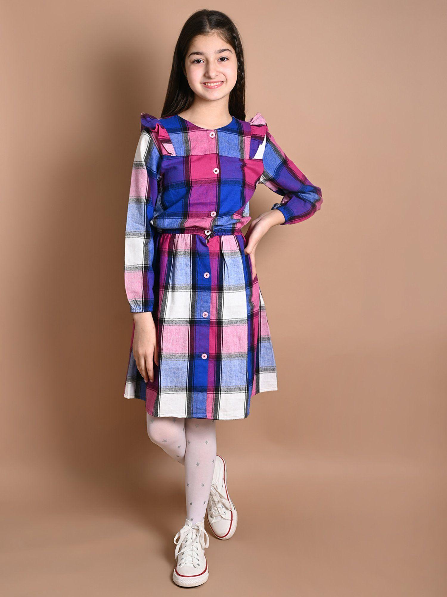 checkered print long sleeve fit n flare dress