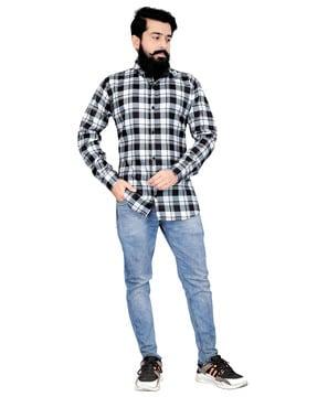 checkered print shirt with spread collar