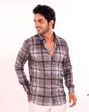 checkered print shirt with spread collar