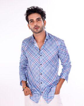 checkered print shirt with spread collar