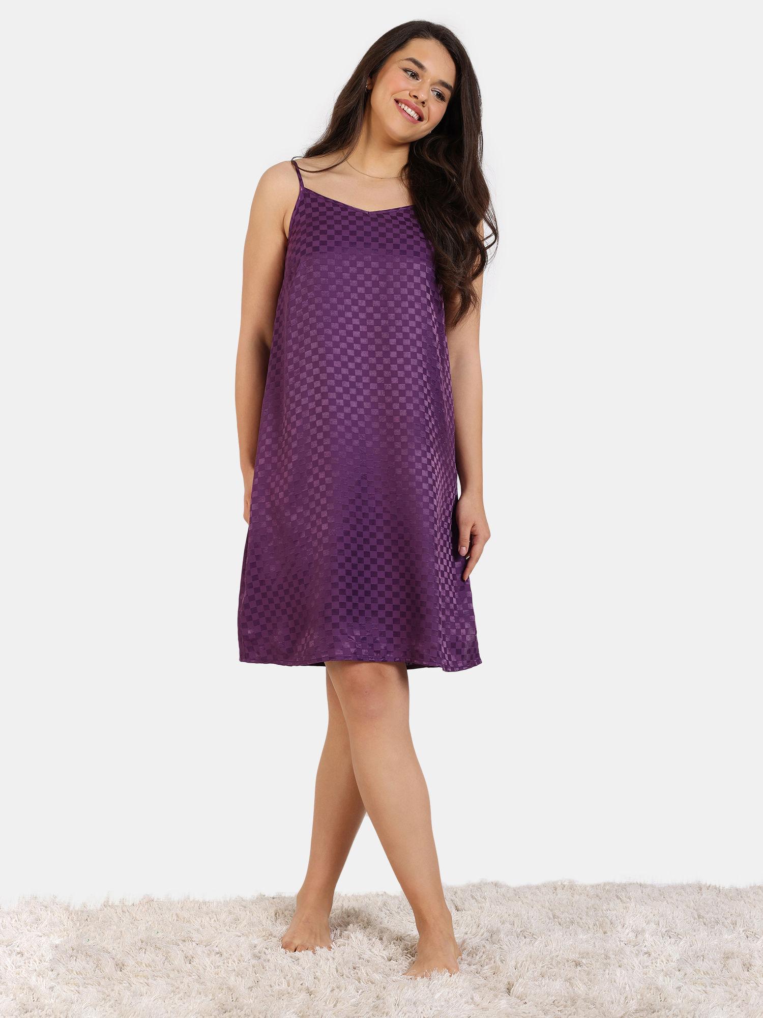 checkered sheen woven knee length nightdress - wineberry