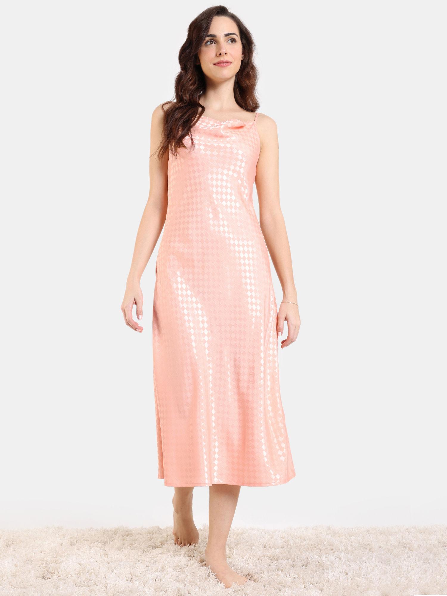 checkered sheen woven mid length nightdress - pink sand