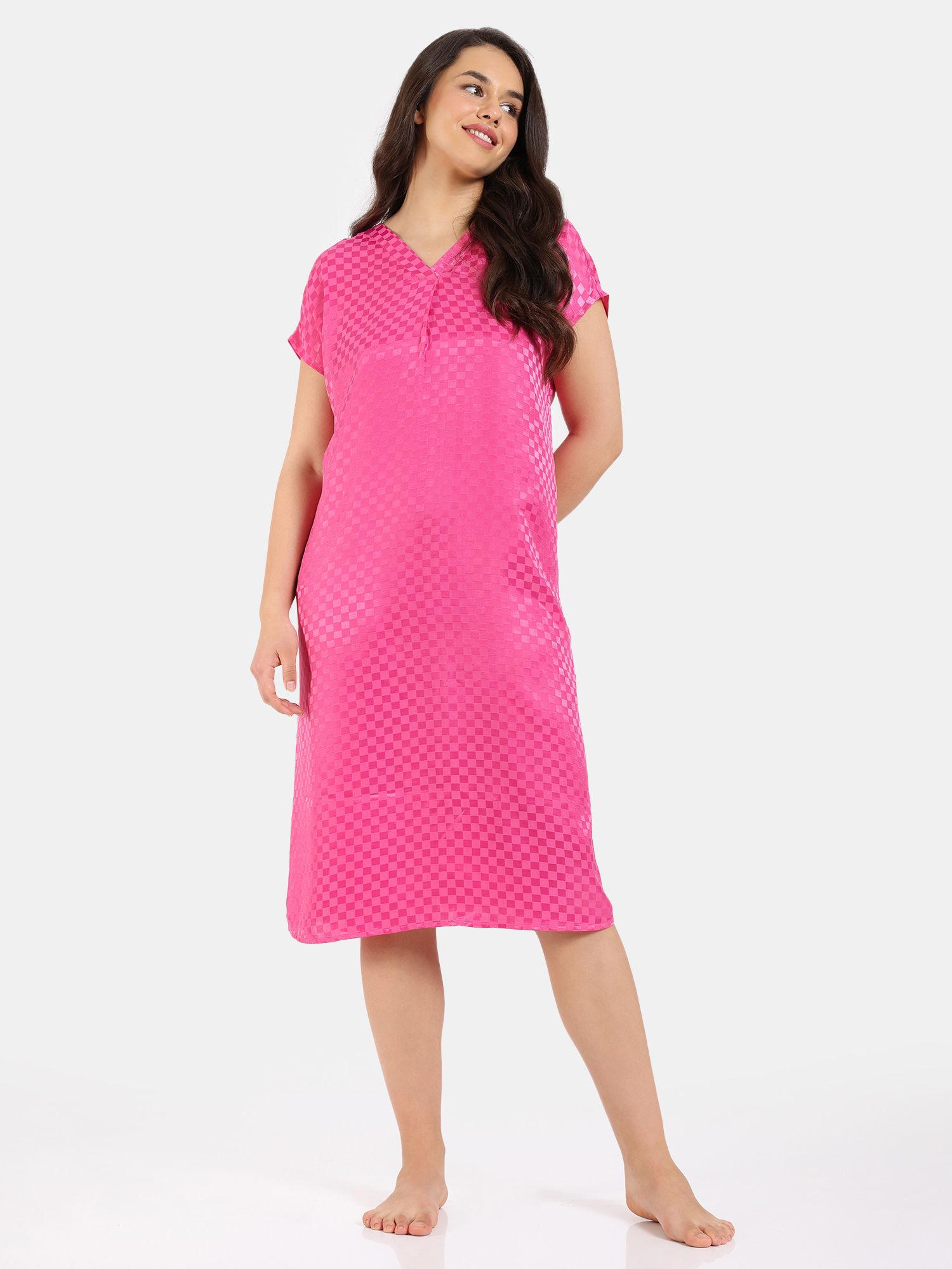 checkered sheen woven mid length nightdress - pink yarrow