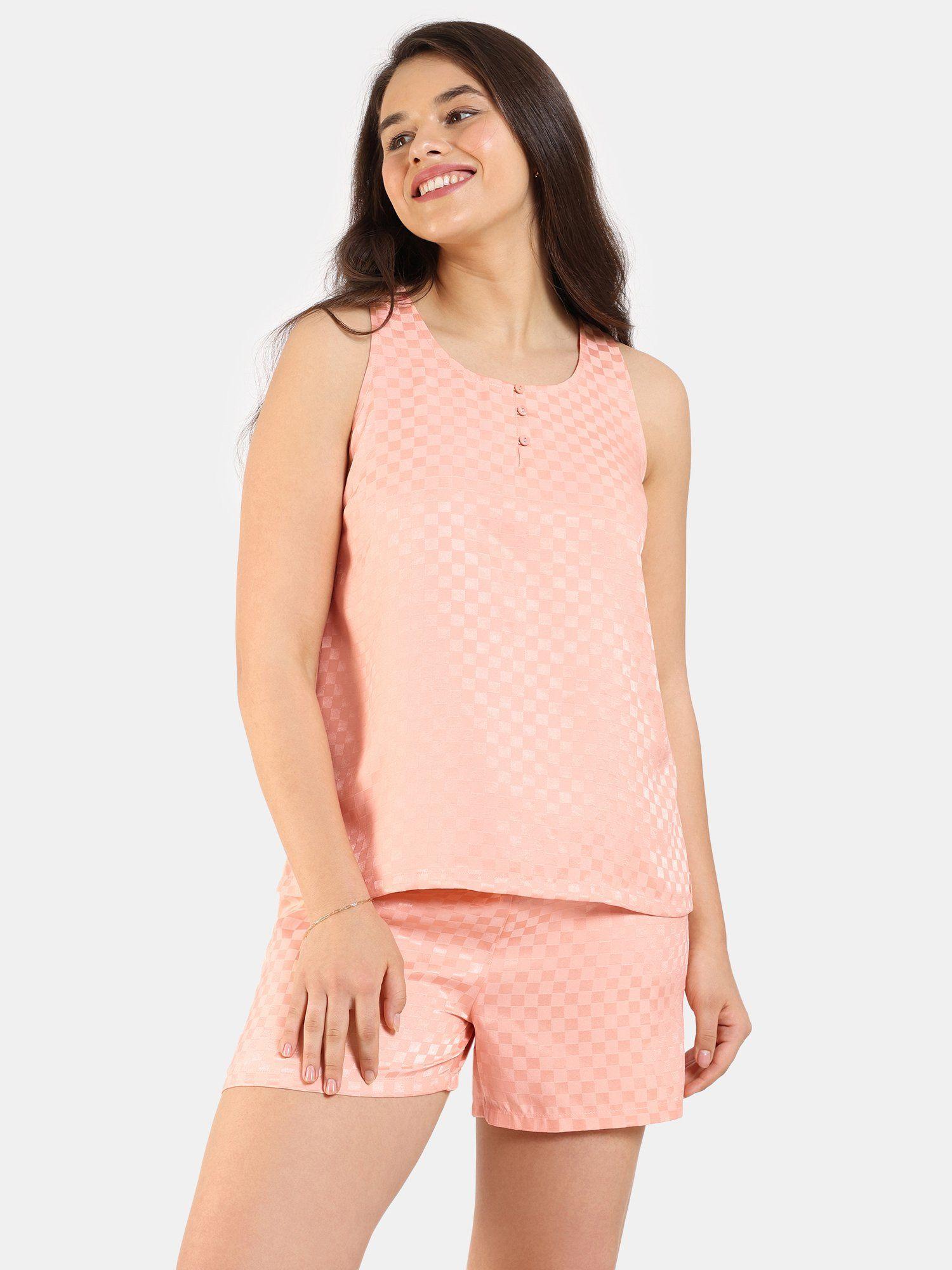 checkered sheen woven shorts set - peach sand (set of 2)