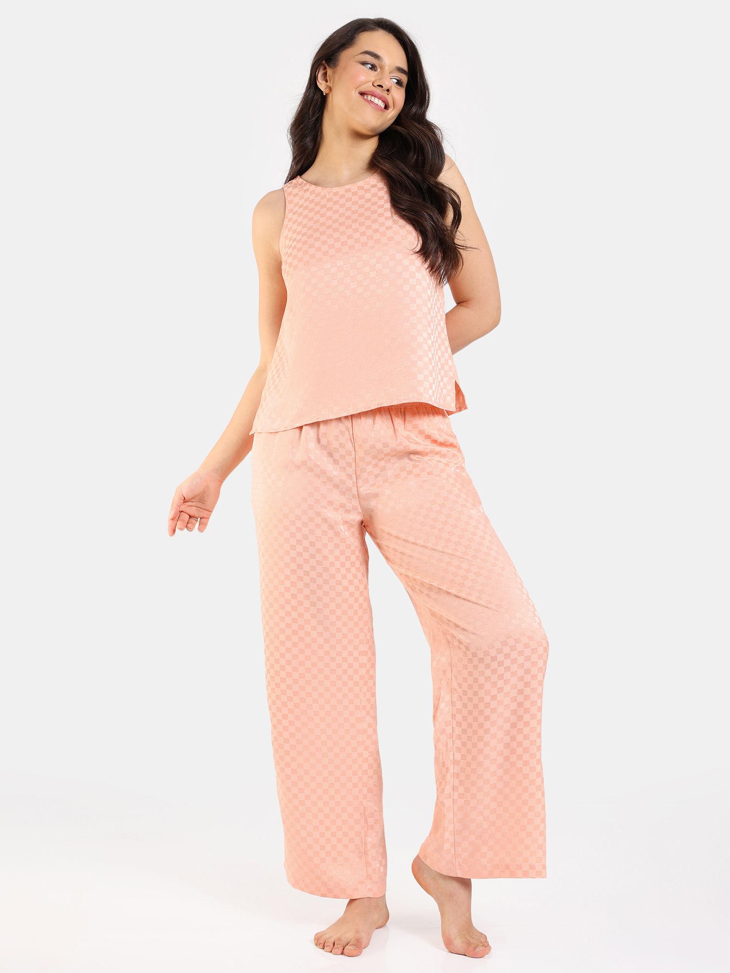 checkered sheen woven top and pyjama - pink sand (set of 2)