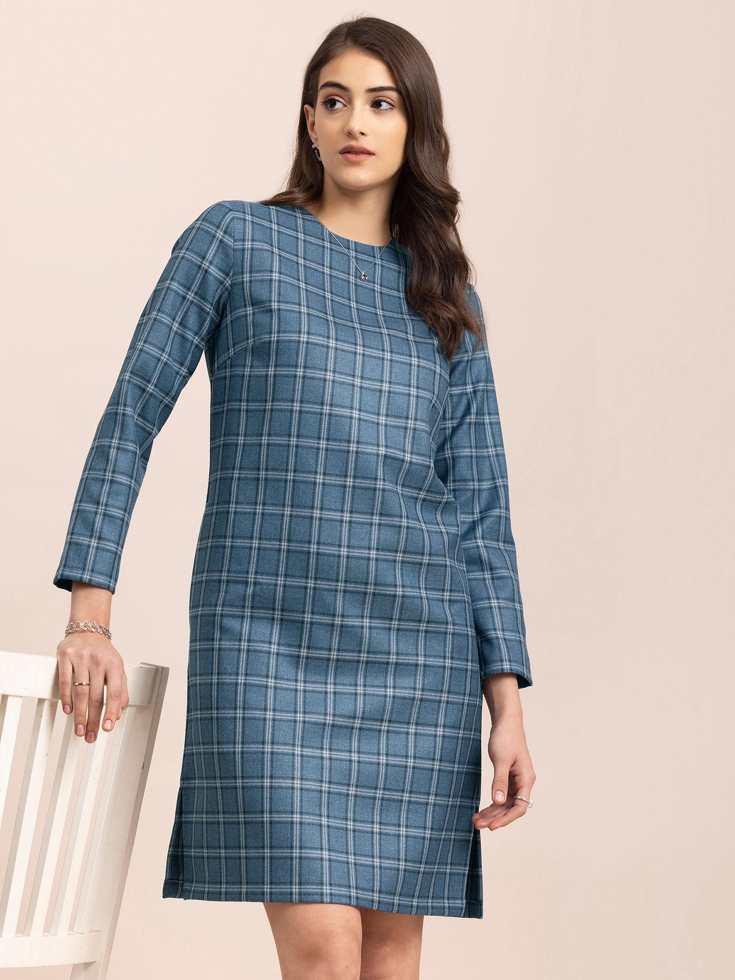 checkered shift dress-blue