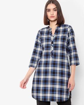 checkered tunic with mandarin collar