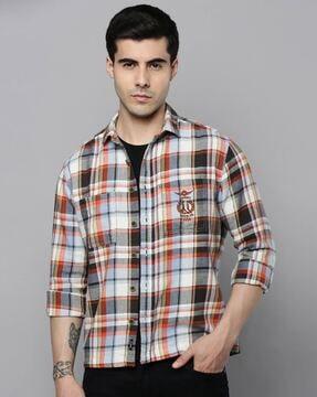 checkered woolen shirt with spread collar