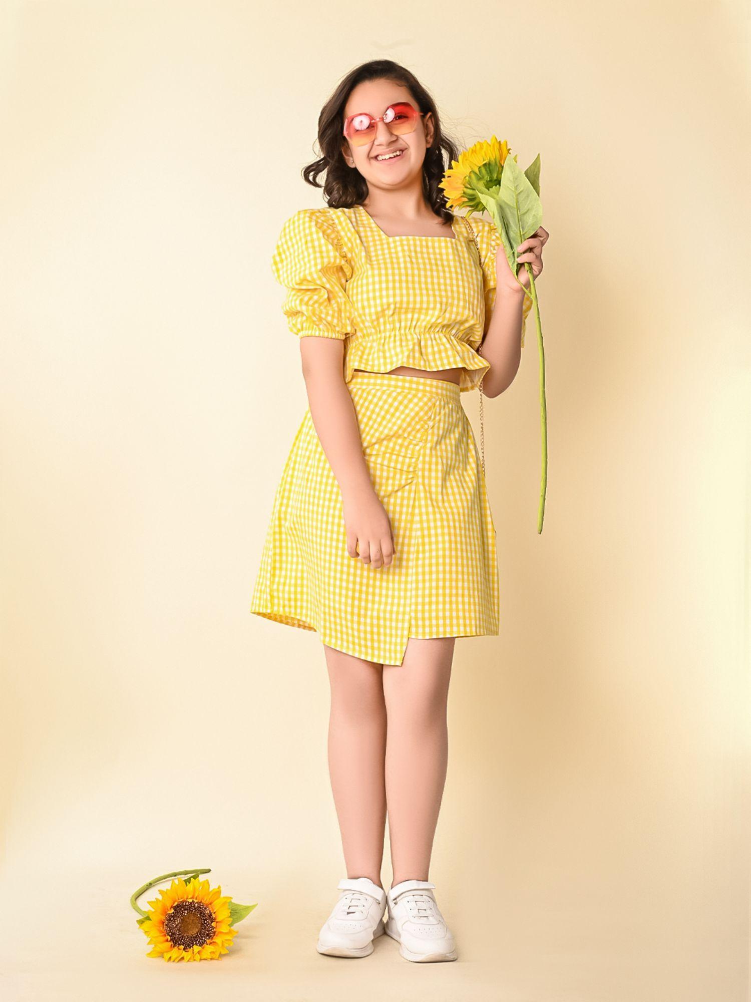 checkered yellow balloon sleeves top with wrap skirt (set of 2)