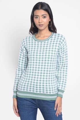 checks blended fabric round neck women's sweater - green