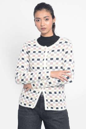 checks blended fabric round neck women's sweater - white