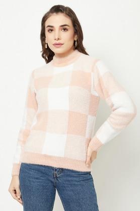 checks blended round neck womens sweater - multi