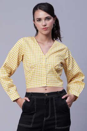 checks cotton v neck women's top - yellow