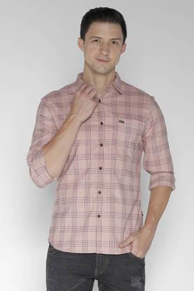 checks poly cotton slim fit men's casual shirt - peach