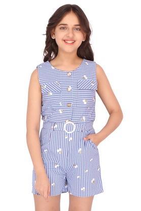 checks polyester round neck girls casual wear jumpsuit - blue