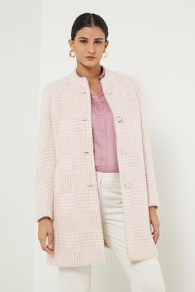 checks round neck polyester women's coat - pink