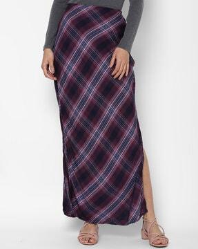 checks a-line skirt with side slit