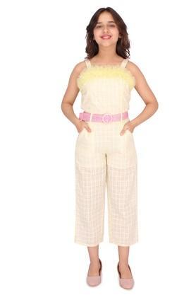 checks blended square neck girls casual wear jumpsuit - yellow