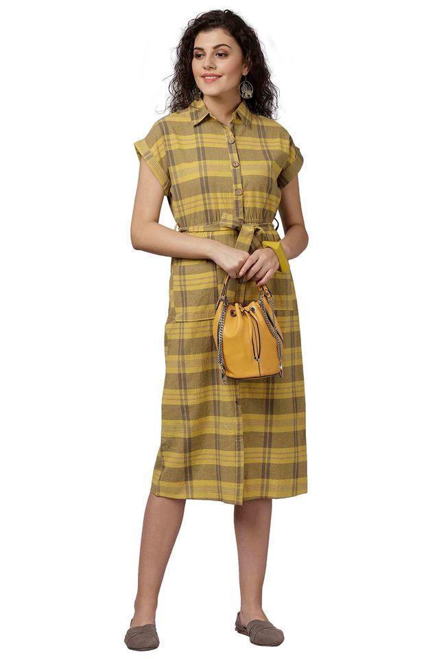 checks collared neck polyester womens front open dress