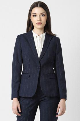checks collared polyester women's formal wear blazer - navy