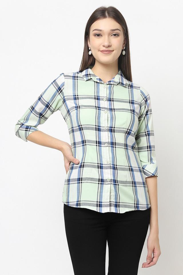 checks cotton blend collar neck womens casual shirt