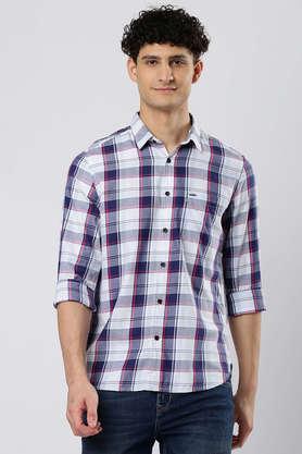 checks cotton blend regular fit men's casual wear shirt - navy