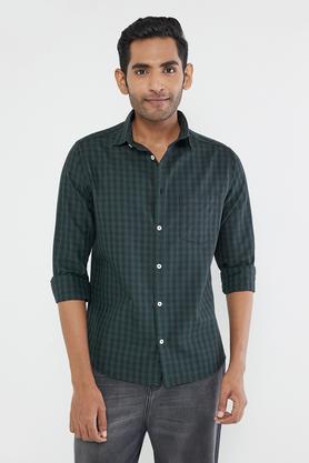 checks cotton blend regular fit men's casual wear shirt - olive