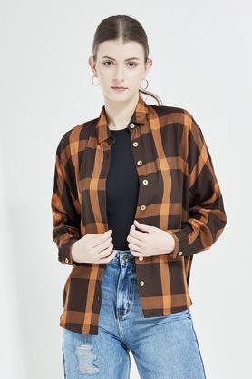 checks cotton blend round neck womens shirt - brown