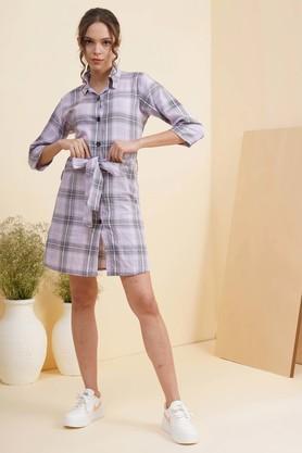 checks cotton collar neck women's mini dress - lilac