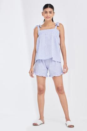 checks cotton collar neck womens top and shorts set - powder blue