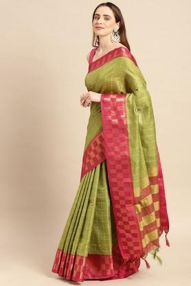 checks cotton festive wear women's saree - olive
