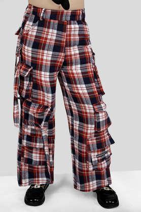 checks cotton regular fit girls cargo pants - red