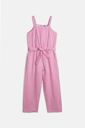 checks cotton regular fit girls jumpsuit - pink