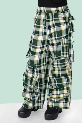 checks cotton regular fit girls pants - green